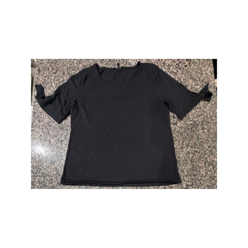 Talbots Black V-Neck Short Sleeve Sweater Tie Cuff Cotton Rayon Knit Top Large